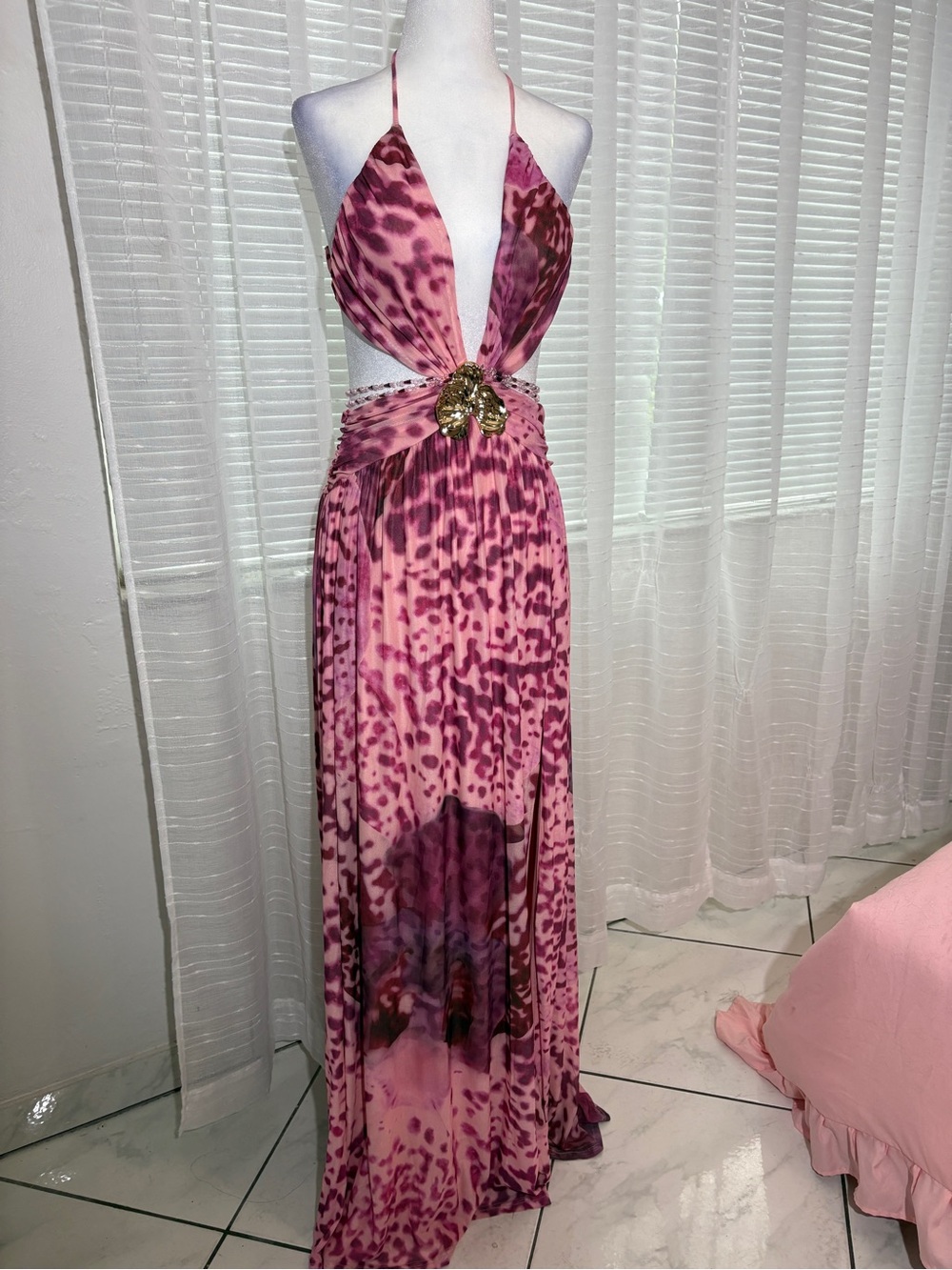 Pink Orchid-Print Plunge Halter Maxi Dress